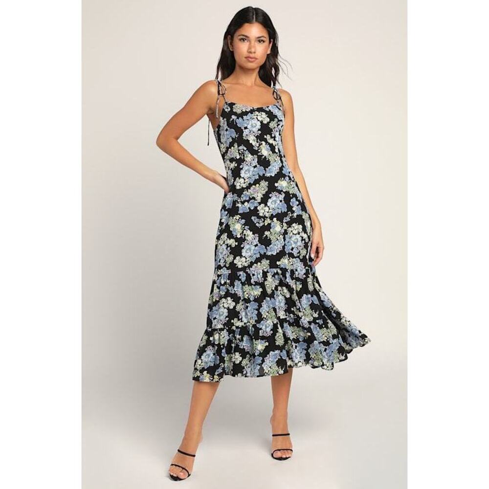 Lulus Started With A Kiss Black Floral Print Tie-strap Tiered Dress - Size M